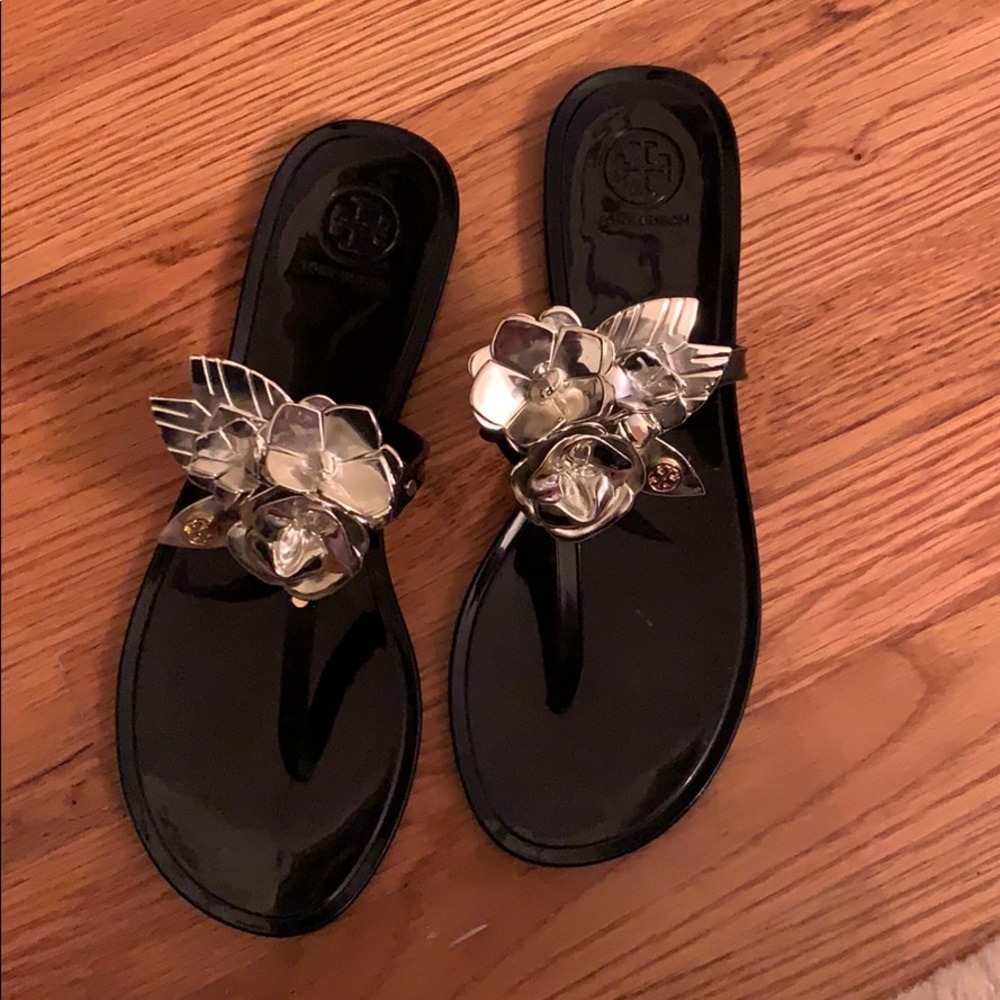 Tory Burch black and gold flower sandal